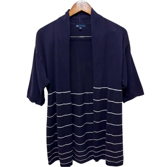 116 GAP | EUC Hong Kong White Navy Blue Striped Knit Open-Front Cardigan (Sz M) - Picture 2 of 10